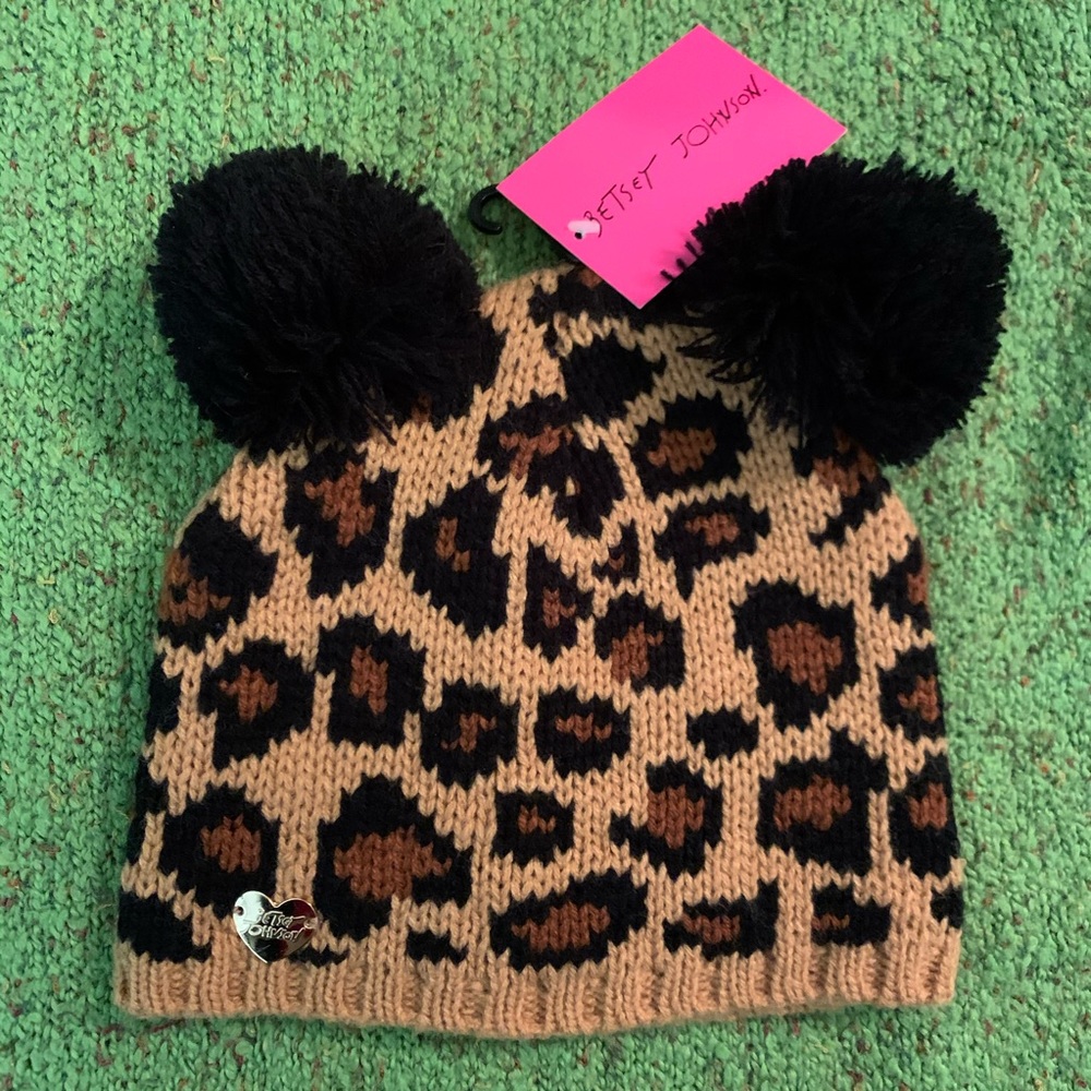Betsey Johnson Knit Beanie w/Leopard Print/Pompoms